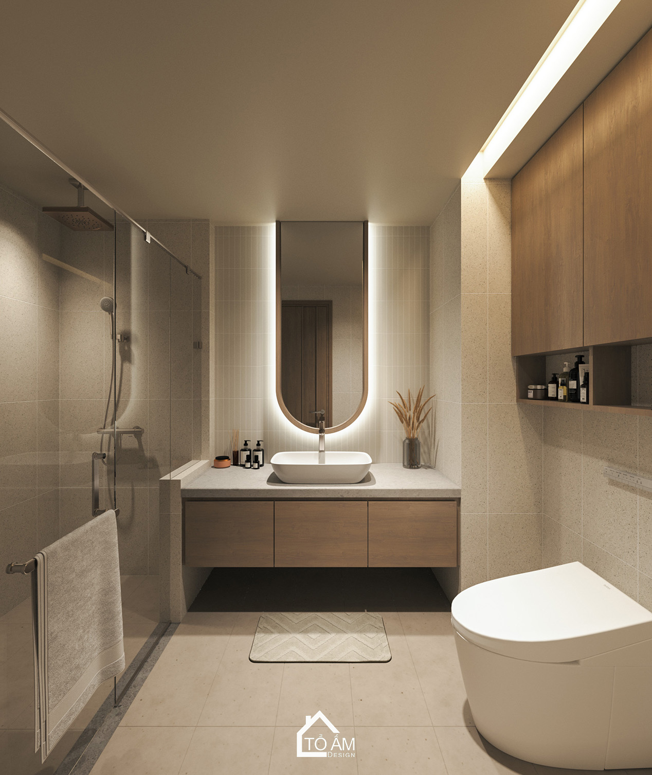 Phòng WC của phòng ngủ master siêu chill tone nâu gỗ tự nhiên – Thiết kế 3D nhà phố Wabisabi chữa lành - Tổ Ấm Design