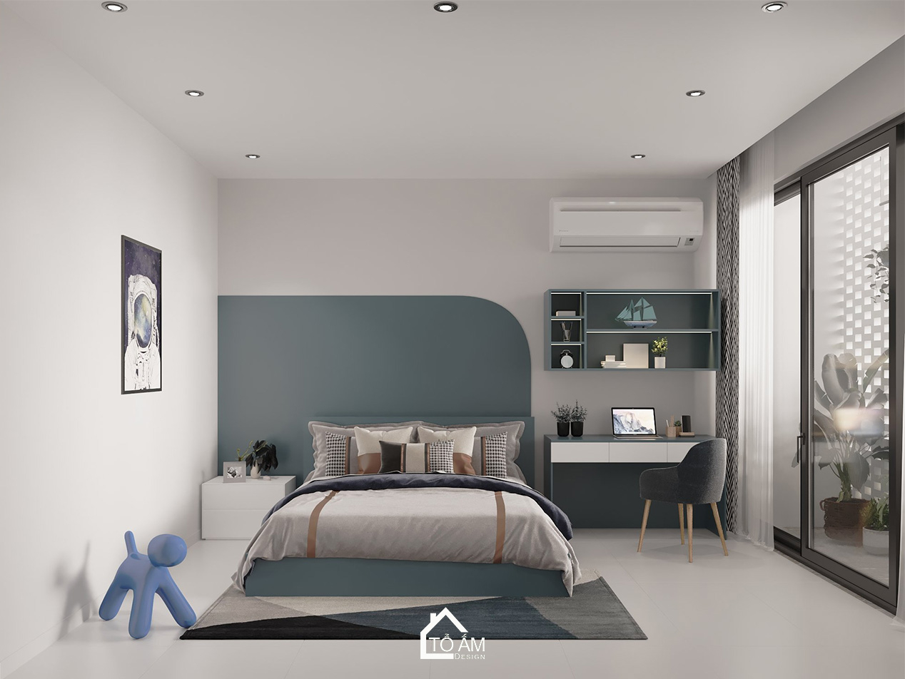 Thiết kế 3D Phòng ngủ con gái mạnh mẽ, cá tính với tone màu xanh dương pastel- Tổ Ấm Design