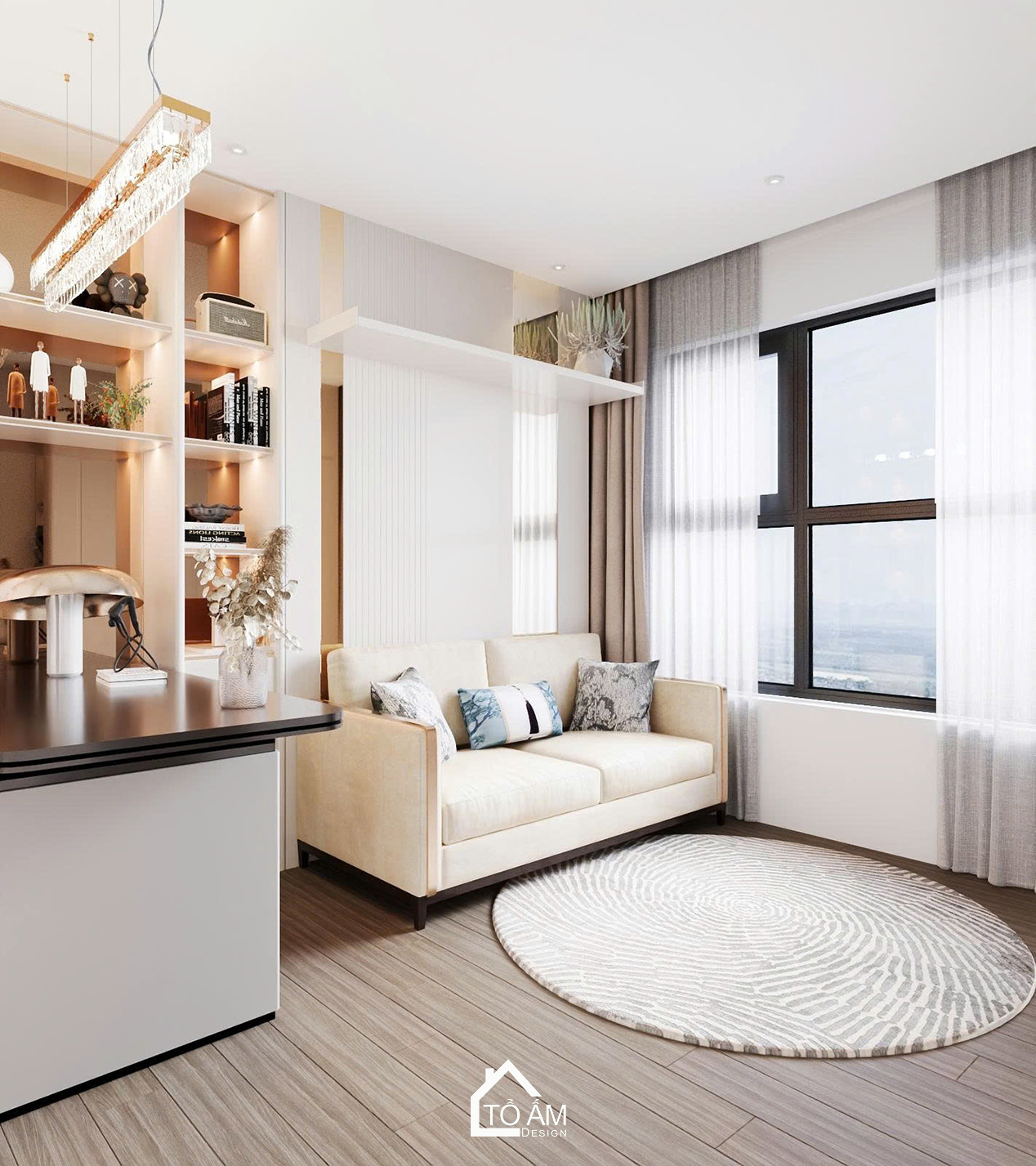 Không gian phòng làm việc kết hợp giường ngủ khách Ocean Park - Thiết kế 3D chung cư 2 ngủ có phòng làm việc Ocean Park - Tổ Ấm Design