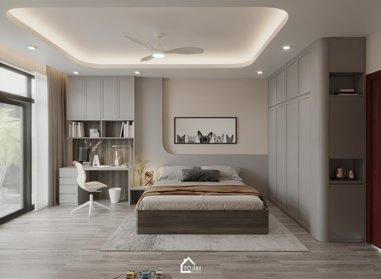 Thiết kế 3D phòng ngủ con 2 nhà phố Hoàng Cầu – phong cách hiện đại tối giản - Tổ Ấm Design