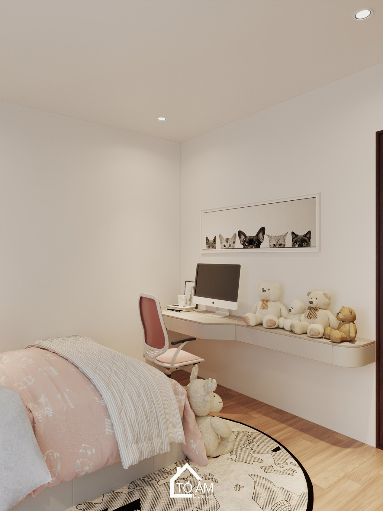 Phòng ngủ con gái pastel ấm cúng - Thiết kế 3D chung cư 3 ngủ cho gia đình 4 người – Tổ Ấm Design