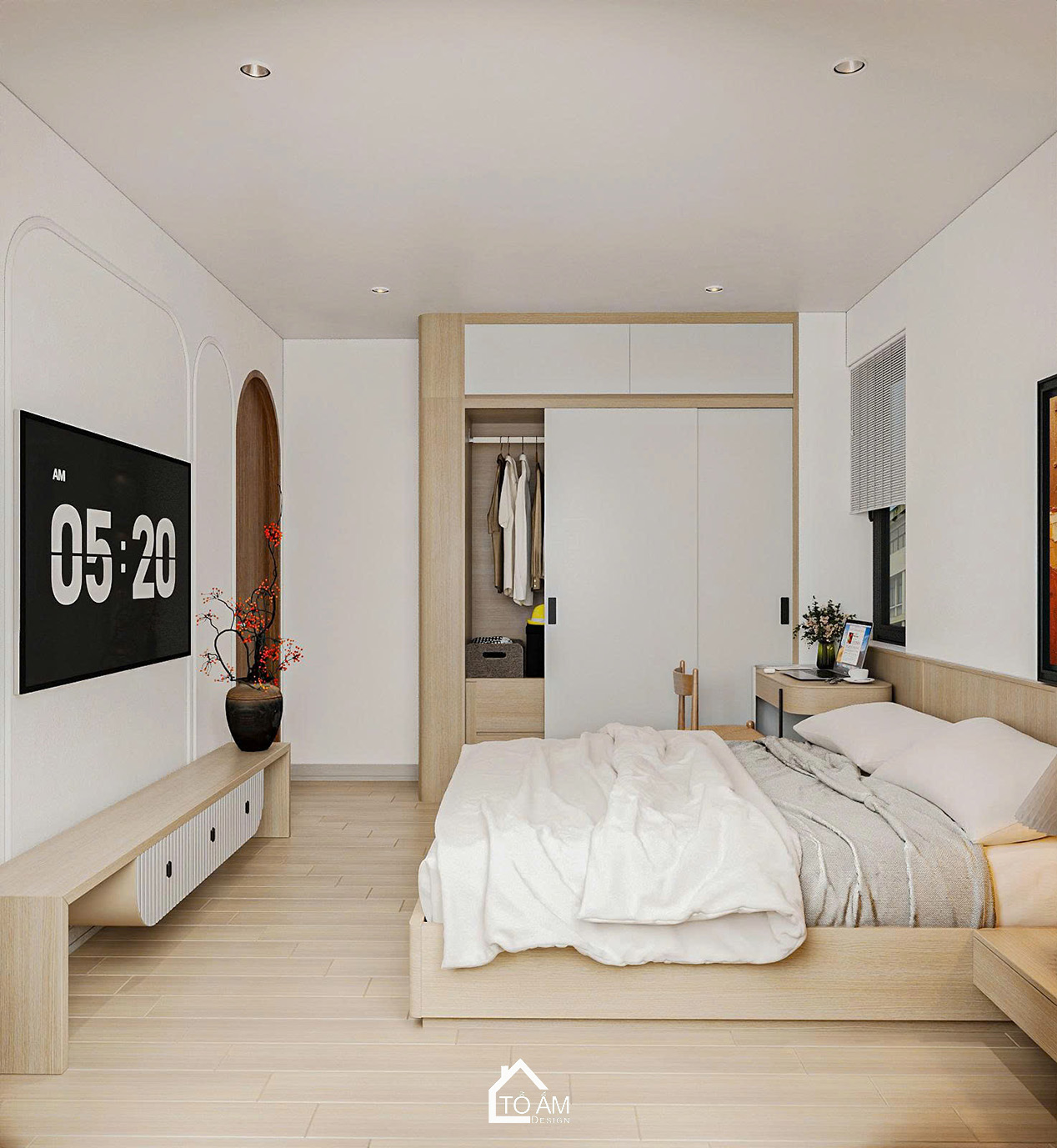 Phòng ngủ nhỏ 2 ấm áp, tinh tế – Thiết kế 3D nhà phố Japandi Đông Anh - Tổ Ấm Design