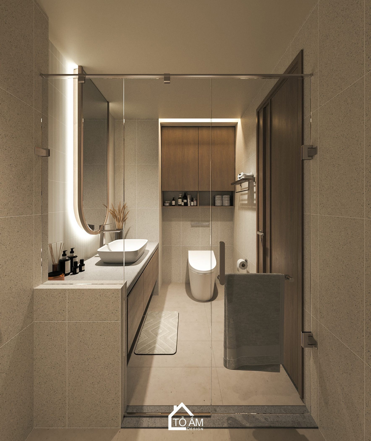 Phòng WC của phòng ngủ master siêu chill tone nâu gỗ tự nhiên – Thiết kế 3D nhà phố Wabisabi chữa lành - Tổ Ấm Design
