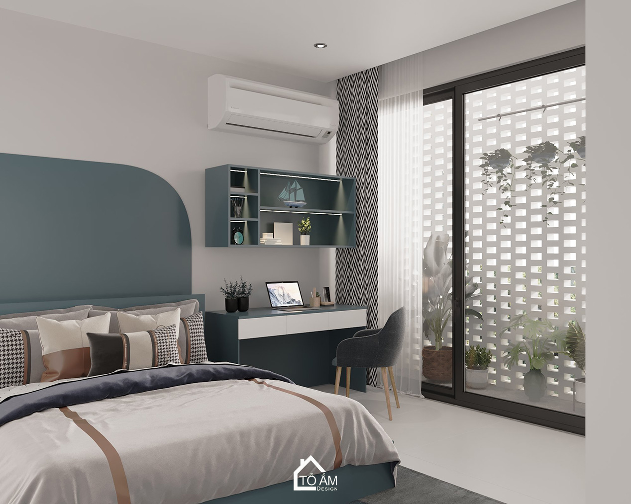 Thiết kế 3D Phòng ngủ con gái mạnh mẽ, cá tính với tone màu xanh dương pastel- Tổ Ấm Design