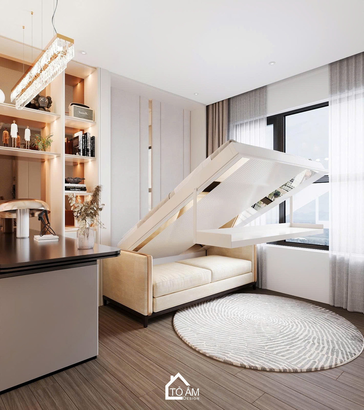 Không gian phòng làm việc kết hợp giường ngủ khách Ocean Park - Thiết kế 3D chung cư 2 ngủ có phòng làm việc Ocean Park - Tổ Ấm Design