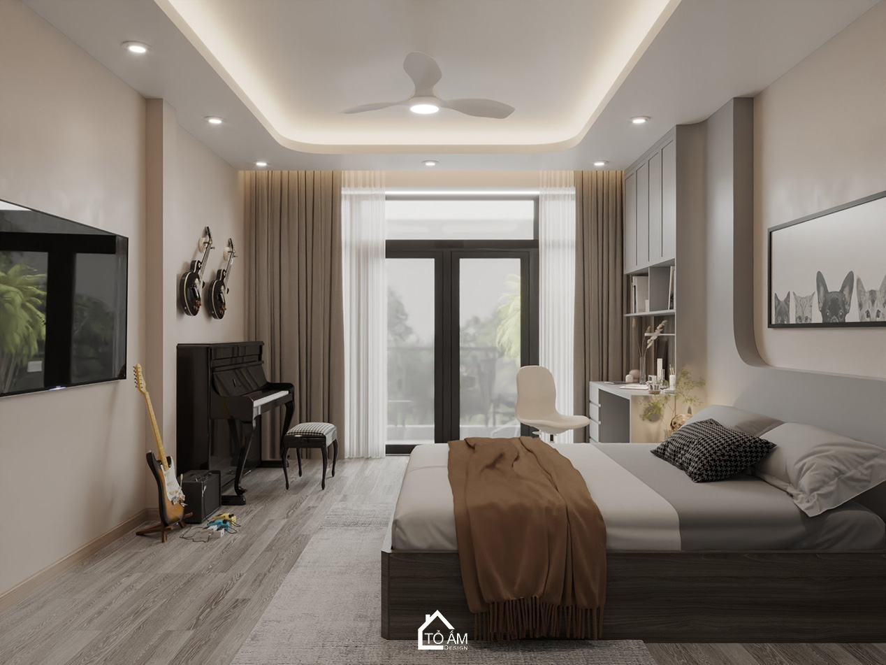 Thiết kế 3D phòng ngủ con 2 nhà phố Hoàng Cầu – phong cách hiện đại tối giản - Tổ Ấm Design