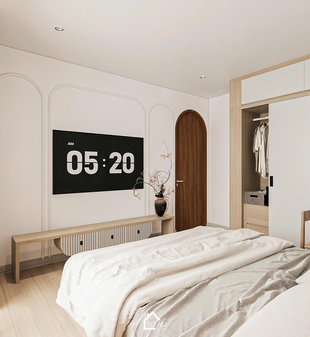 Phòng ngủ nhỏ 2 ấm áp, tinh tế – Thiết kế 3D nhà phố Japandi Đông Anh - Tổ Ấm Design