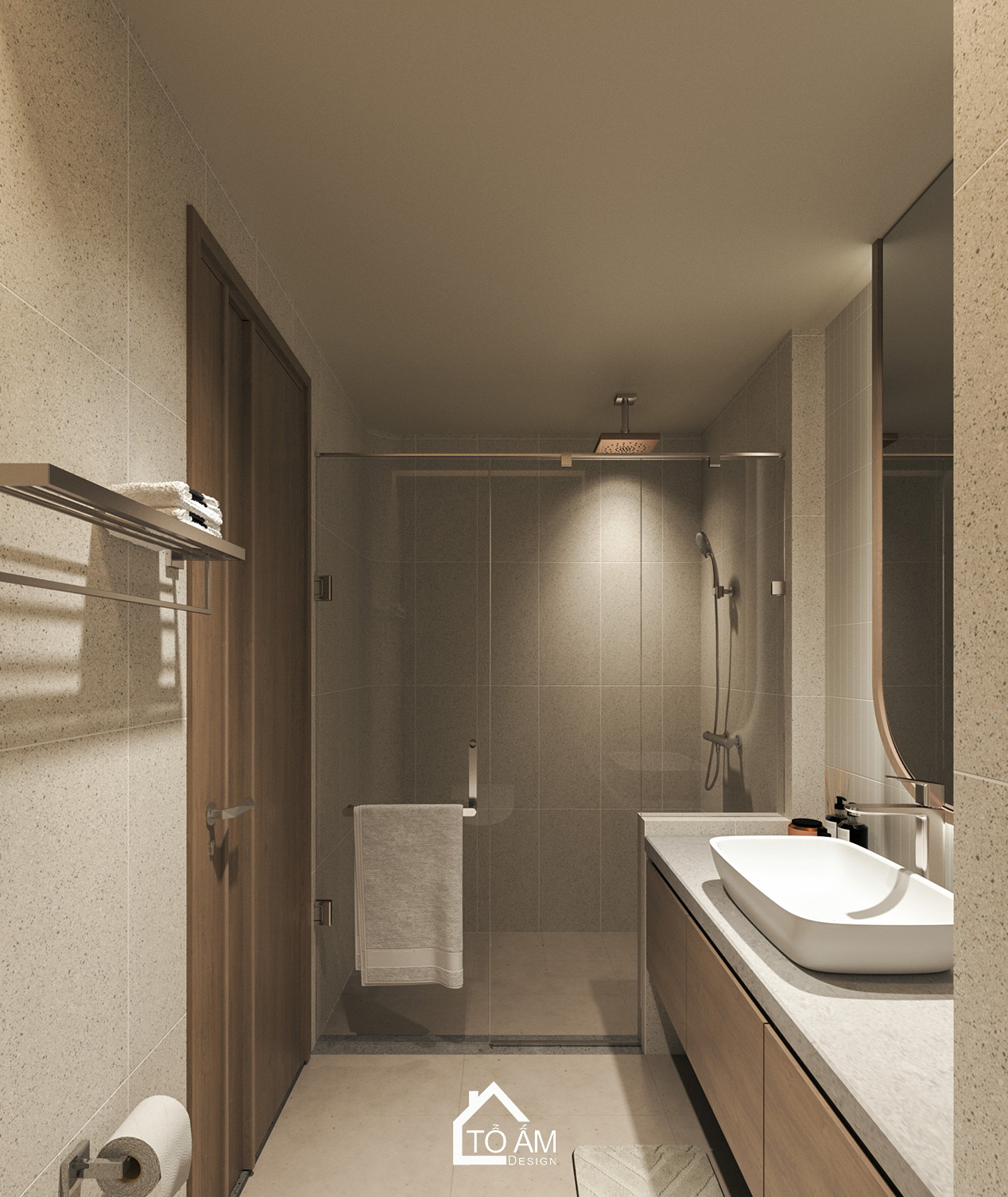 Phòng WC của phòng ngủ master siêu chill tone nâu gỗ tự nhiên – Thiết kế 3D nhà phố Wabisabi chữa lành - Tổ Ấm Design