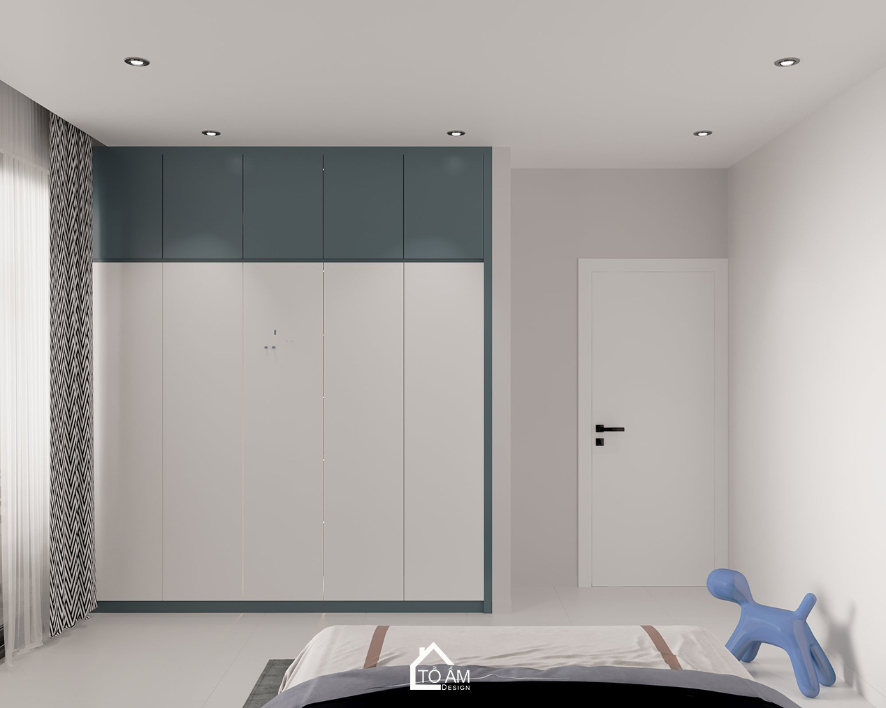 Thiết kế 3D Phòng ngủ con gái mạnh mẽ, cá tính với tone màu xanh dương pastel- Tổ Ấm Design