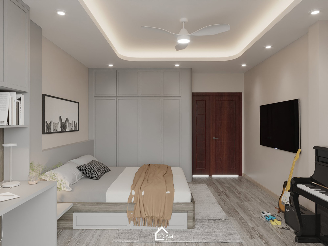 Thiết kế 3D phòng ngủ con 2 nhà phố Hoàng Cầu – phong cách hiện đại tối giản - Tổ Ấm Design