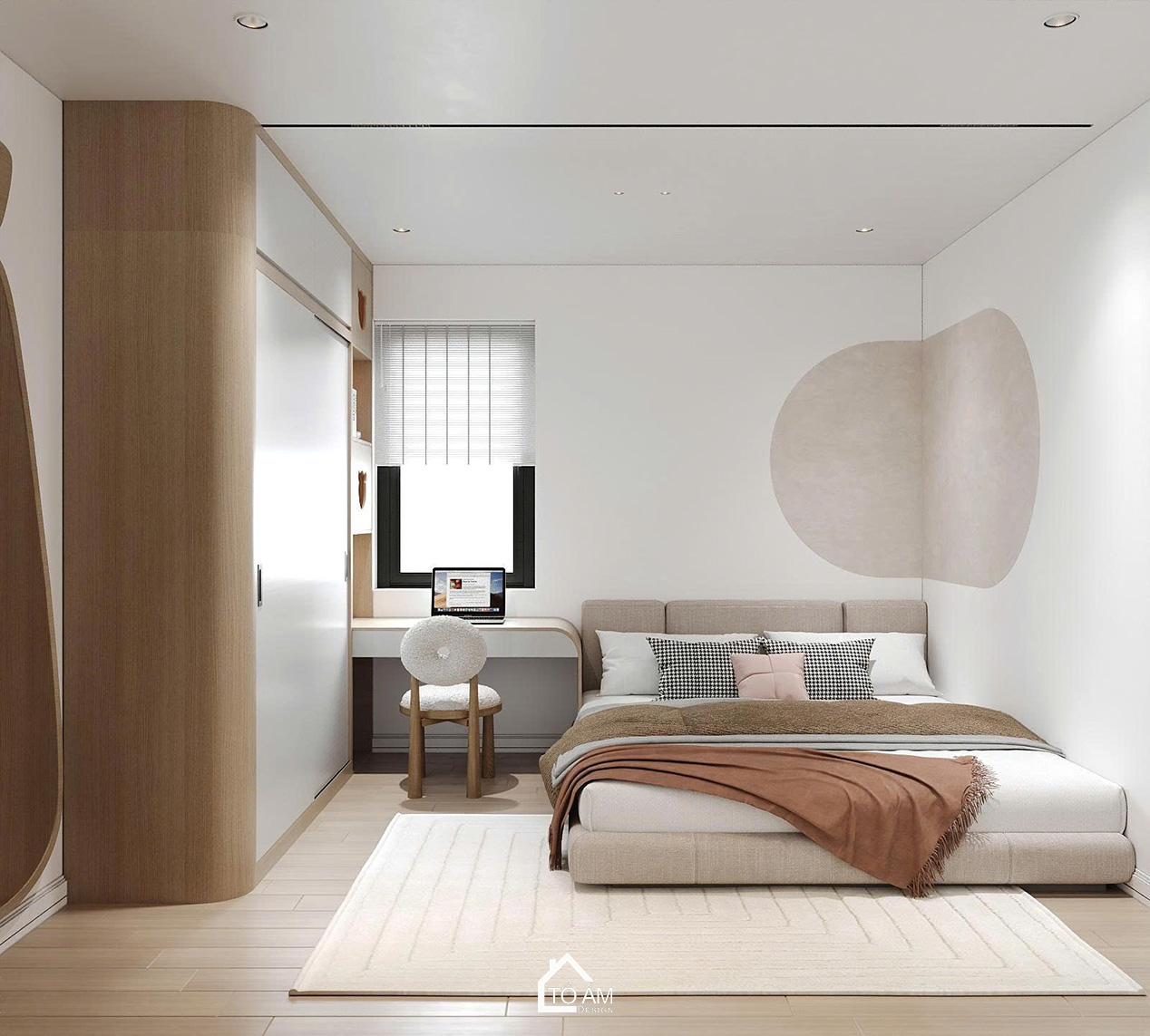 Phòng ngủ nhỏ 3 pastel nhẹ nhàng – Thiết kế 3D nhà phố Japandi Đông Anh - Tổ Ấm Design