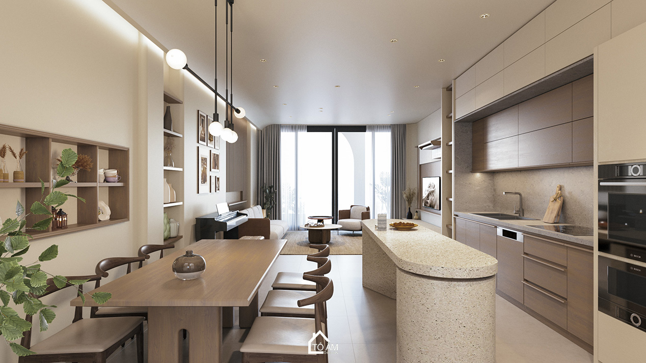 Phòng khách – bếp Wabisabi healing, ấm cúng và tiện nghi – Thiết kế 3D nhà phố Wabisabi chữa lành – Tổ Ấm Design