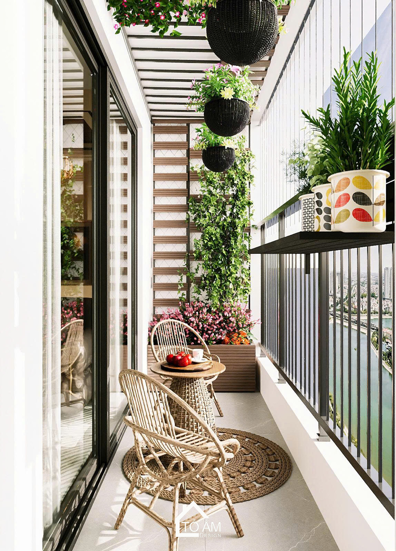 Ban công căn hộ Ocean Park thiết kế thư giãn - Thiết kế 3D chung cư 2 ngủ có phòng làm việc Ocean Park - Tổ Ấm Design