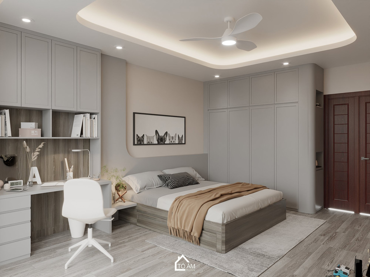 Thiết kế 3D phòng ngủ con 2 nhà phố Hoàng Cầu – phong cách hiện đại tối giản - Tổ Ấm Design