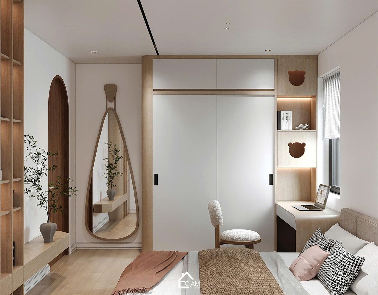 Phòng ngủ nhỏ 3 pastel nhẹ nhàng – Thiết kế 3D nhà phố Japandi Đông Anh - Tổ Ấm Design