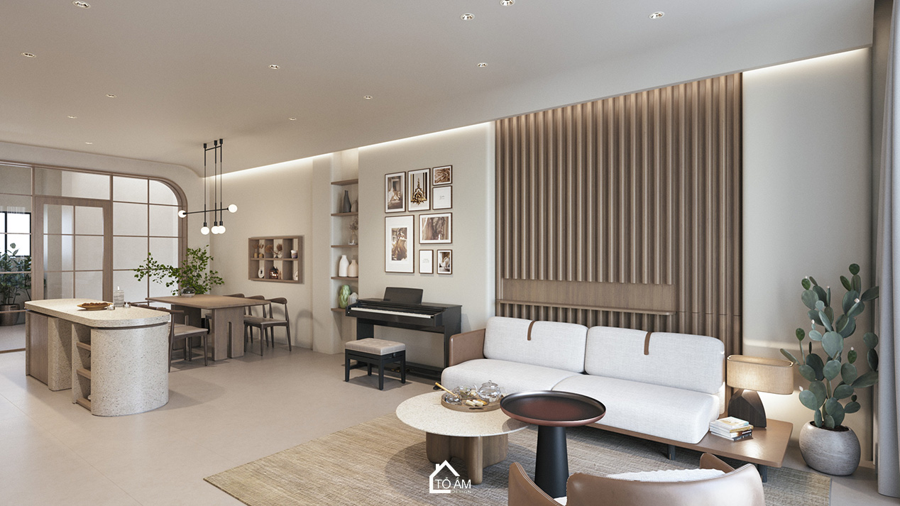 Phòng khách – bếp Wabisabi healing, ấm cúng và tiện nghi – Thiết kế 3D nhà phố Wabisabi chữa lành – Tổ Ấm Design