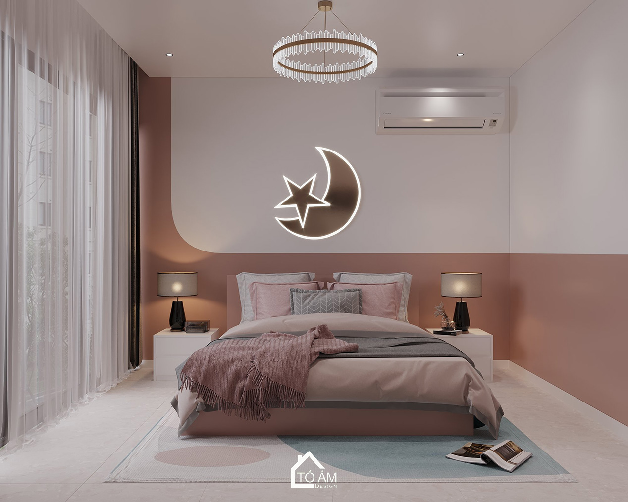 Thiết kế 3D Phòng ngủ con gái nhẹ nhàng, nữ tính với tone màu hồng tím - Tổ Ấm Design