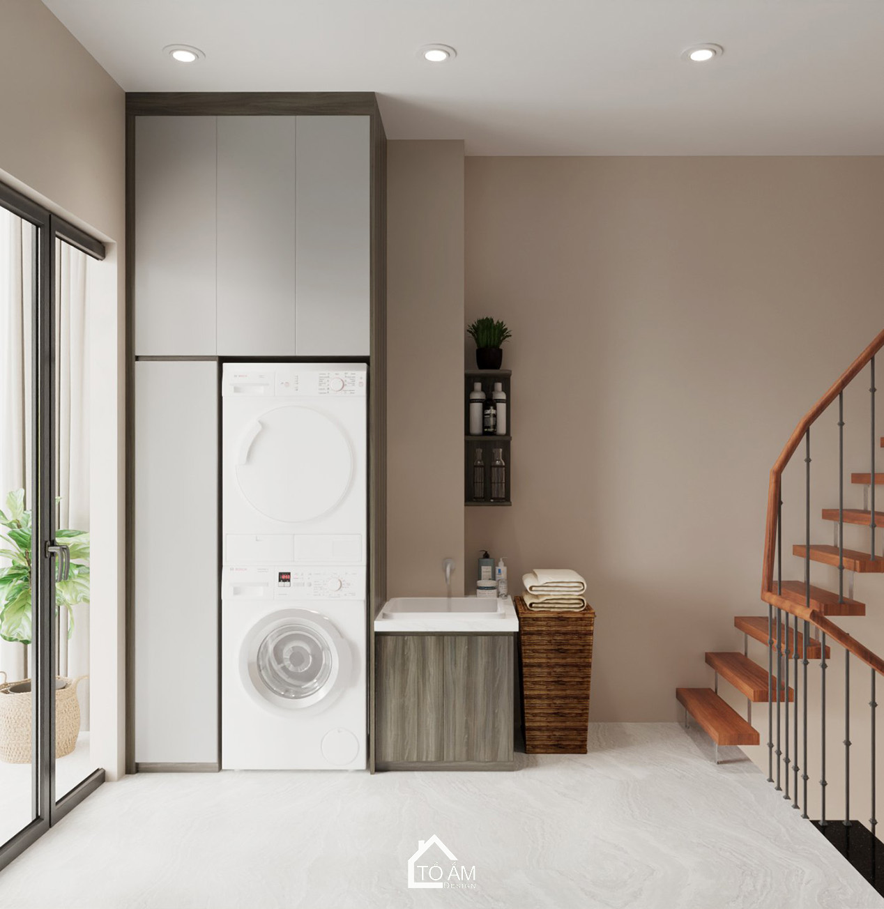 Thiết kế 3D khu giặt sấy nhà phố Hoàng Cầu – gọn gàng và tối ưu diện tích - Tổ Ấm Design