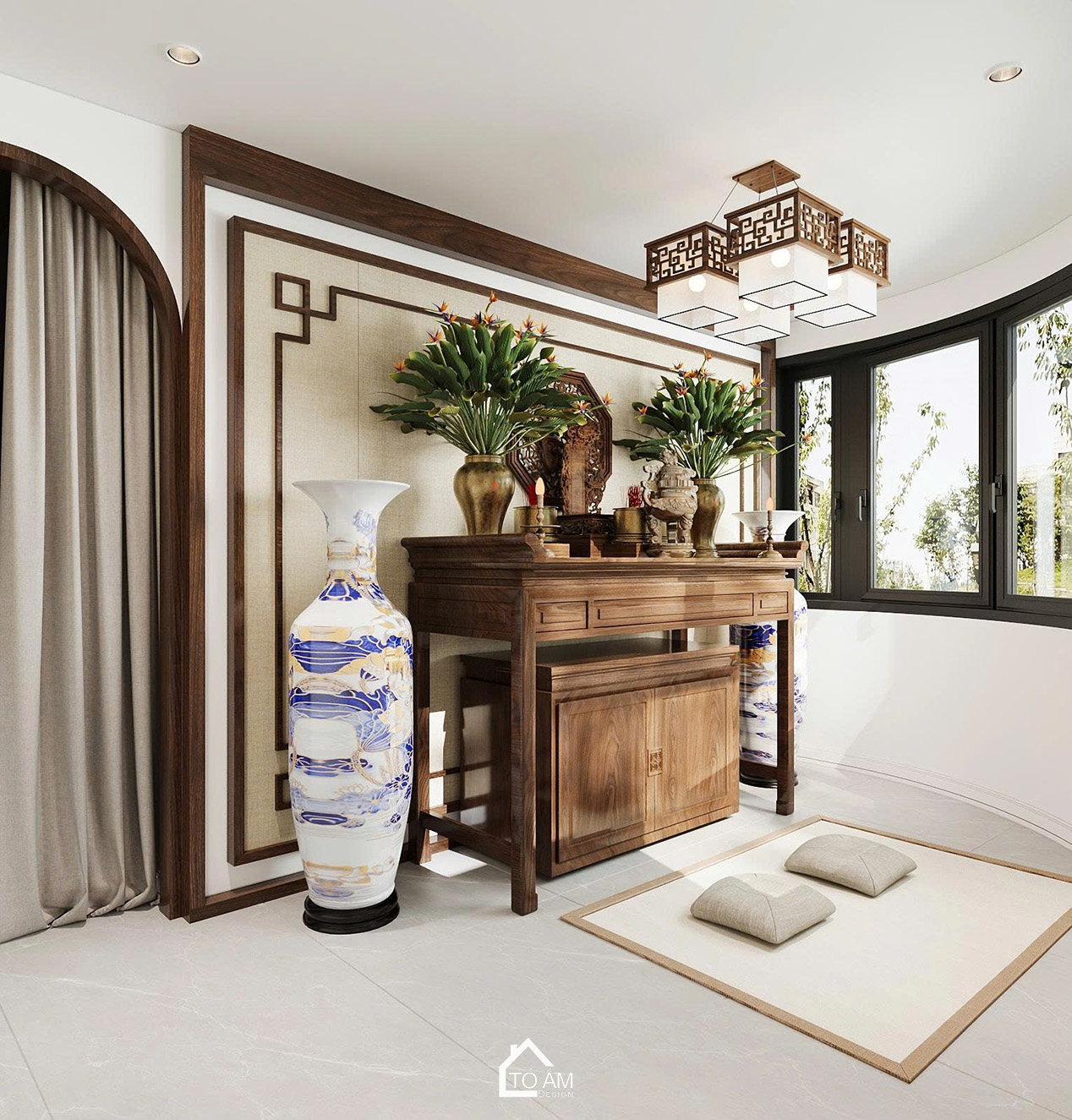 Phòng thờ tối giản, tinh tế và trang nghiêm – Thiết kế 3D nhà phố Japandi Đông Anh - Tổ Ấm Design