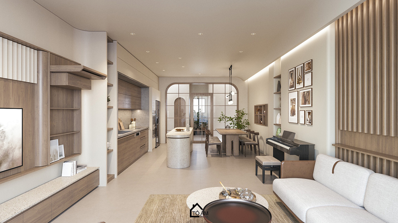 Phòng khách – bếp Wabisabi healing, ấm cúng và tiện nghi – Thiết kế 3D nhà phố Wabisabi chữa lành – Tổ Ấm Design