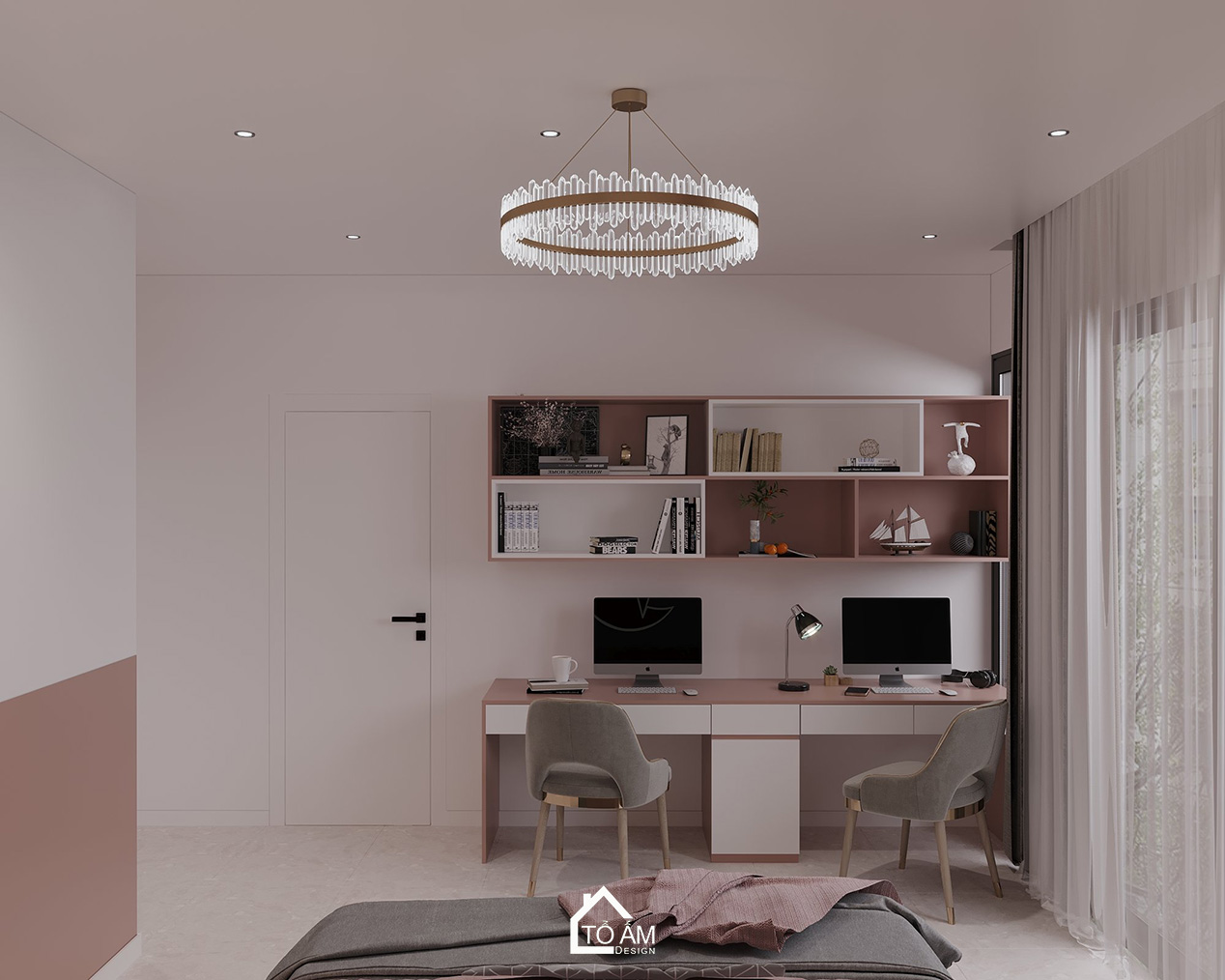 Thiết kế 3D Phòng ngủ con gái nhẹ nhàng, nữ tính với tone màu hồng tím - Tổ Ấm Design