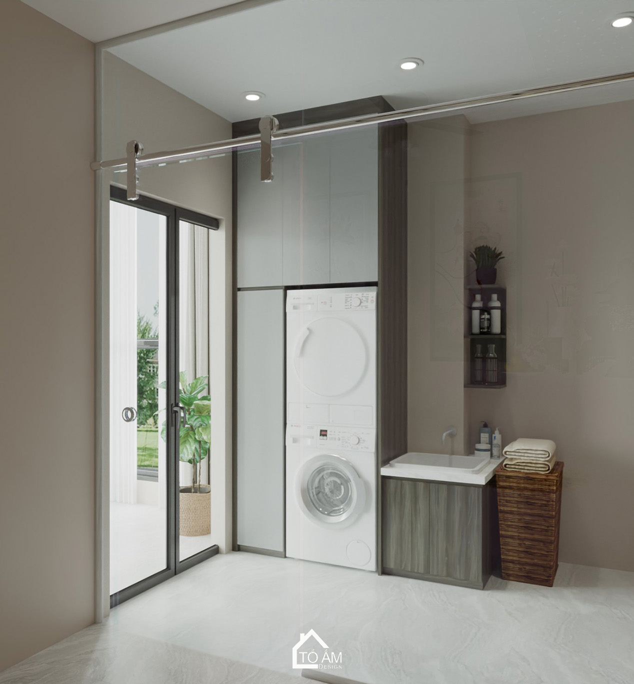 Thiết kế 3D khu giặt sấy nhà phố Hoàng Cầu – gọn gàng và tối ưu diện tích - Tổ Ấm Design