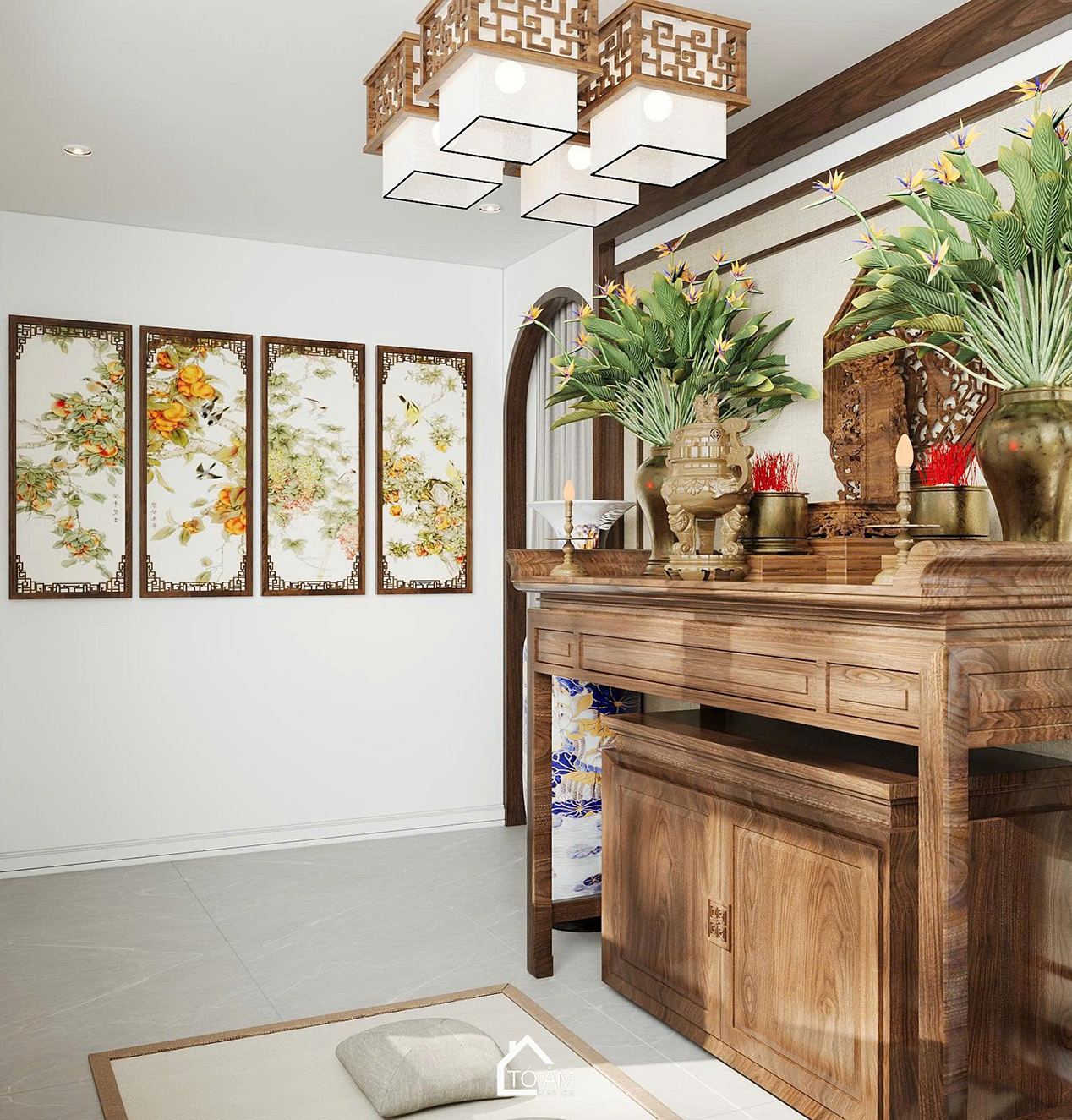 Phòng thờ tối giản, tinh tế và trang nghiêm – Thiết kế 3D nhà phố Japandi Đông Anh - Tổ Ấm Design
