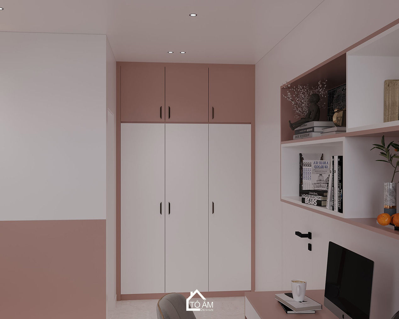 Thiết kế 3D Phòng ngủ con gái nhẹ nhàng, nữ tính với tone màu hồng tím - Tổ Ấm Design