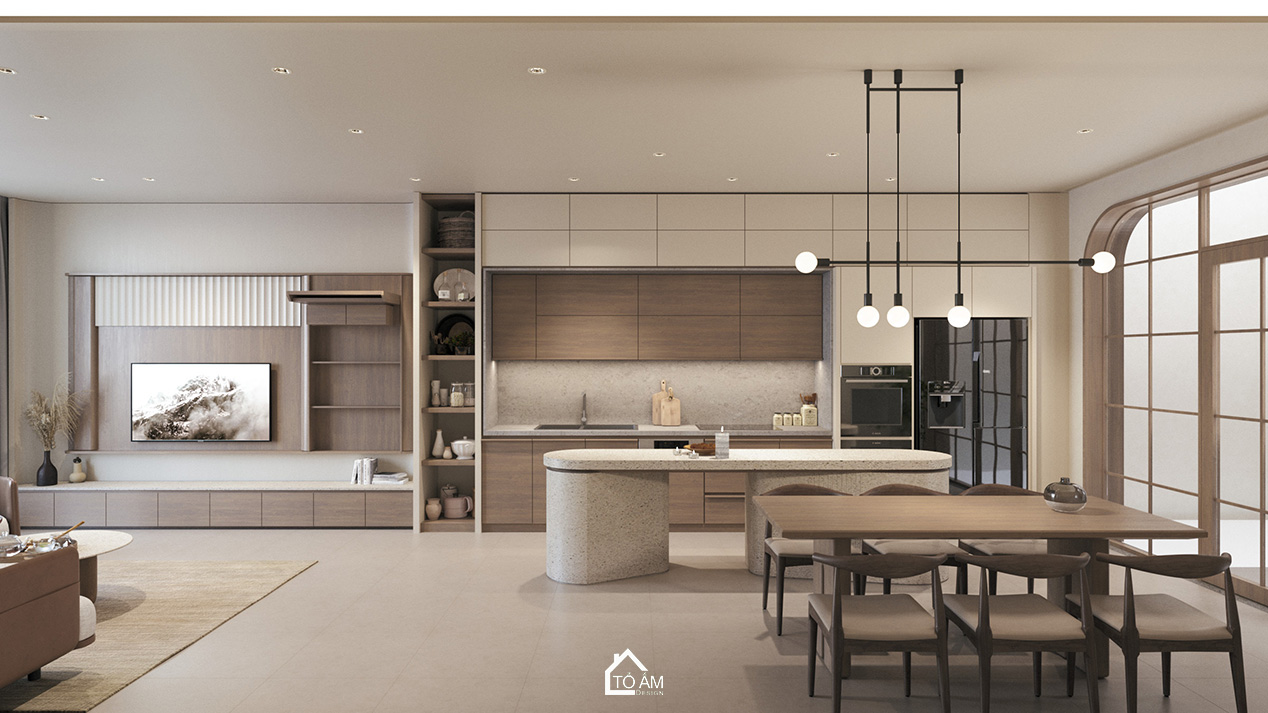 Phòng khách – bếp Wabisabi healing, ấm cúng và tiện nghi – Thiết kế 3D nhà phố Wabisabi chữa lành – Tổ Ấm Design