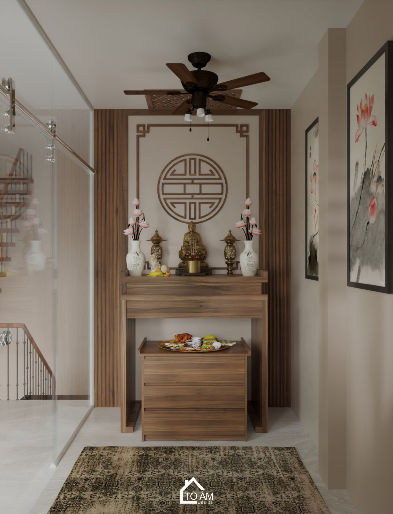 Thiết kế 3D phòng thờ nhà phố 6 tầng Hoàng Cầu – trang nghiêm và tinh giản - Tổ Ấm Design