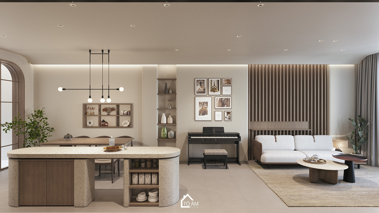 Phòng khách – bếp Wabisabi healing, ấm cúng và tiện nghi – Thiết kế 3D nhà phố Wabisabi chữa lành – Tổ Ấm Design