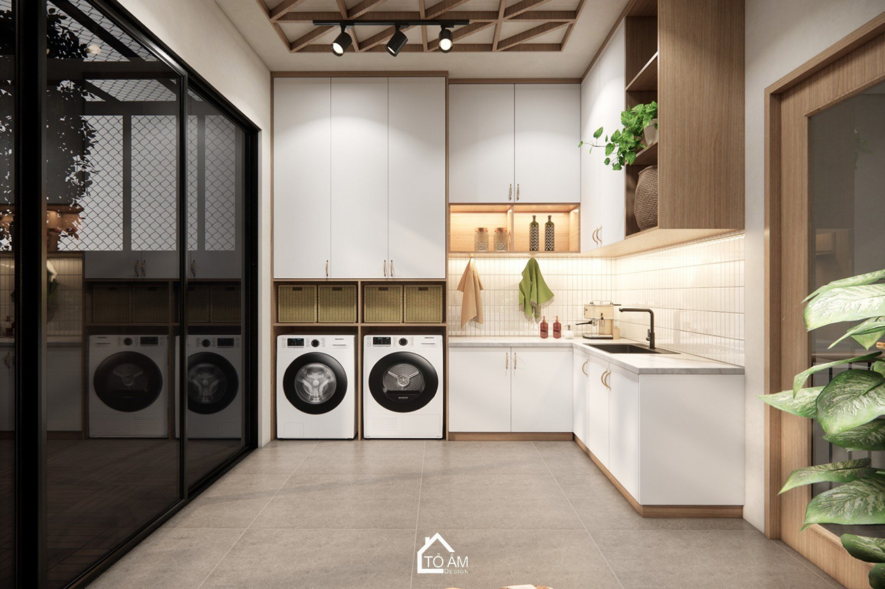 Phòng giặt sấy tối giản, tiện nghi – Thiết kế 3D nhà phố Wabisabi chữa lành - Tổ Ấm Design