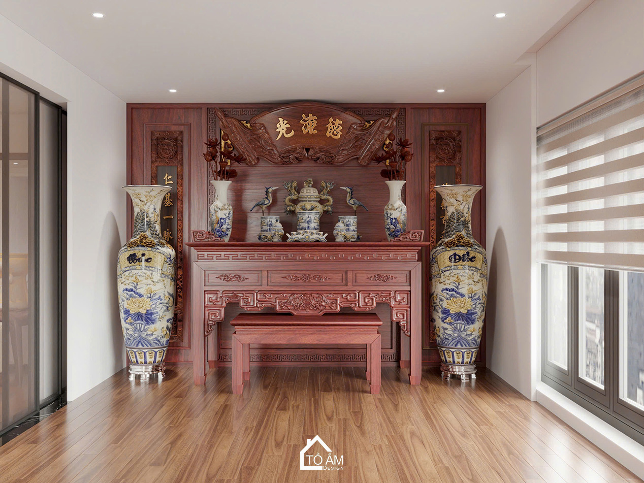 Phòng thờ trang trọng, tôn nghiêm và thanh tịnh - Thiết kế 3D chung cư 4 ngủ Mulberry Land - Tổ Ấm Design