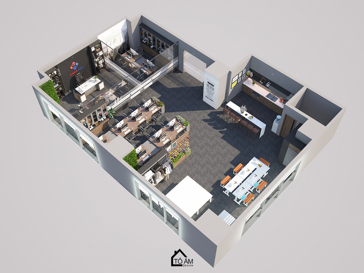 Thiết kế 3D văn phòng công ty may XNK HƯƠNG SƠN - Tổ Ấm Design - Kiến tạo không gian - Chữa lành cảm xúc