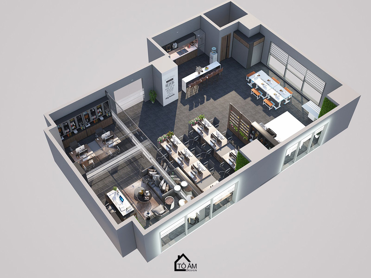 Thiết kế 3D văn phòng công ty may XNK HƯƠNG SƠN - Tổ Ấm Design - Kiến tạo không gian - Chữa lành cảm xúc