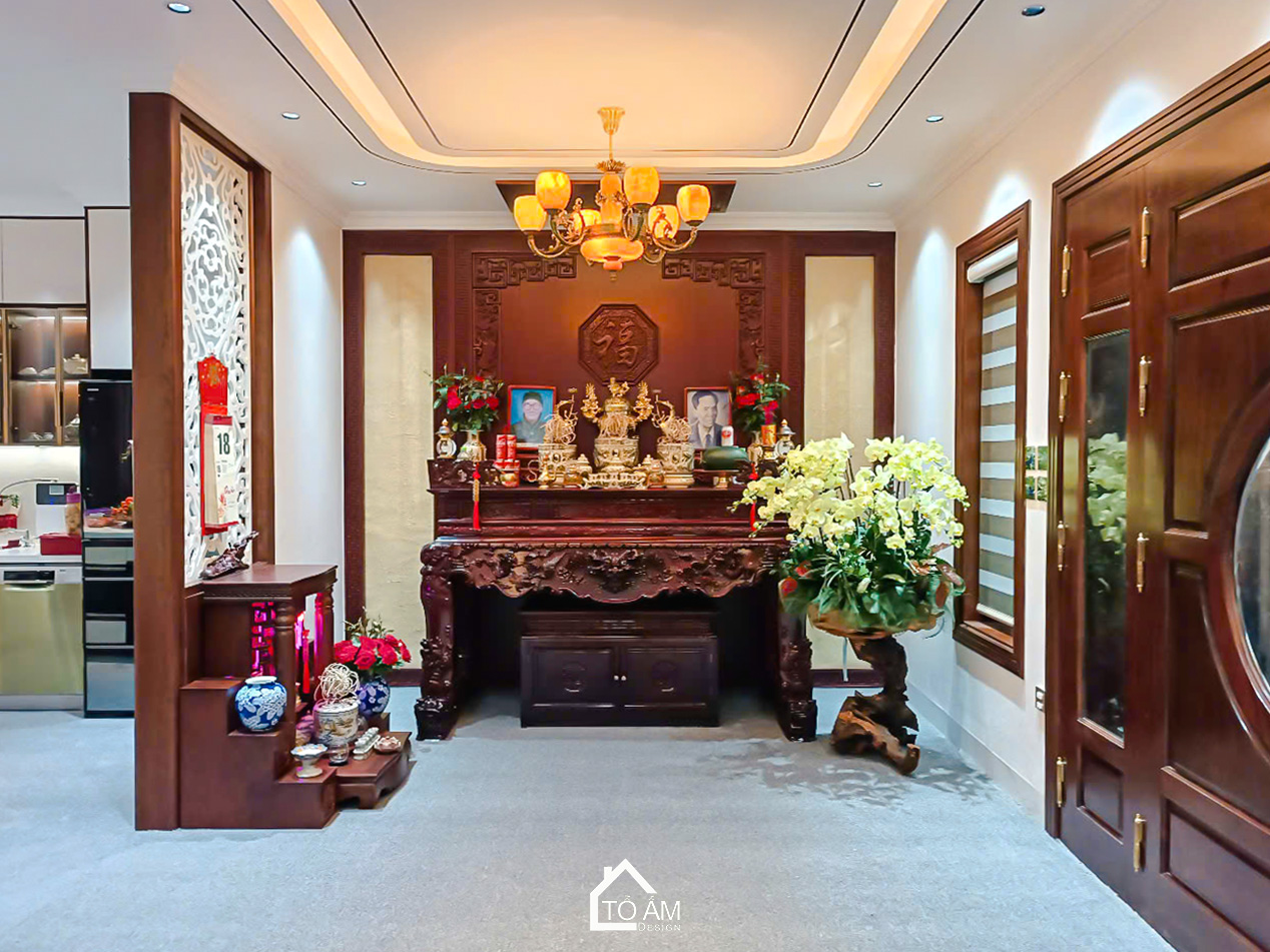 Phòng khách kết hợp không gian thờ: Trang nghiêm và ấm cúng - Hoàn Thiện Nội Thất Nhà Phố 3 Tầng tại Yên Nghĩa, Hà Đông - Tổ Ấm Design