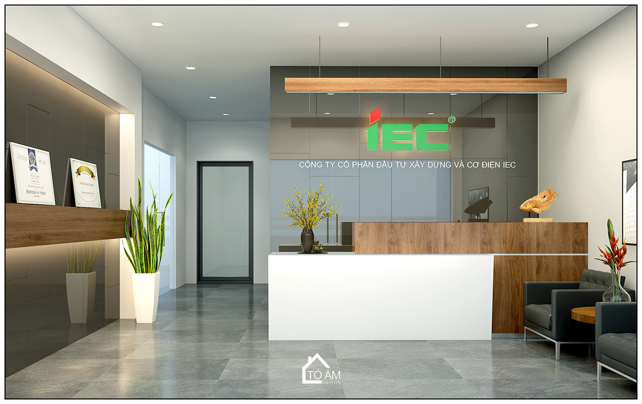 3D lễ tân văn phòng công ty IEC phong cách hiện đại - 3D nội thất văn phòng công ty - Tổ Ấm Design