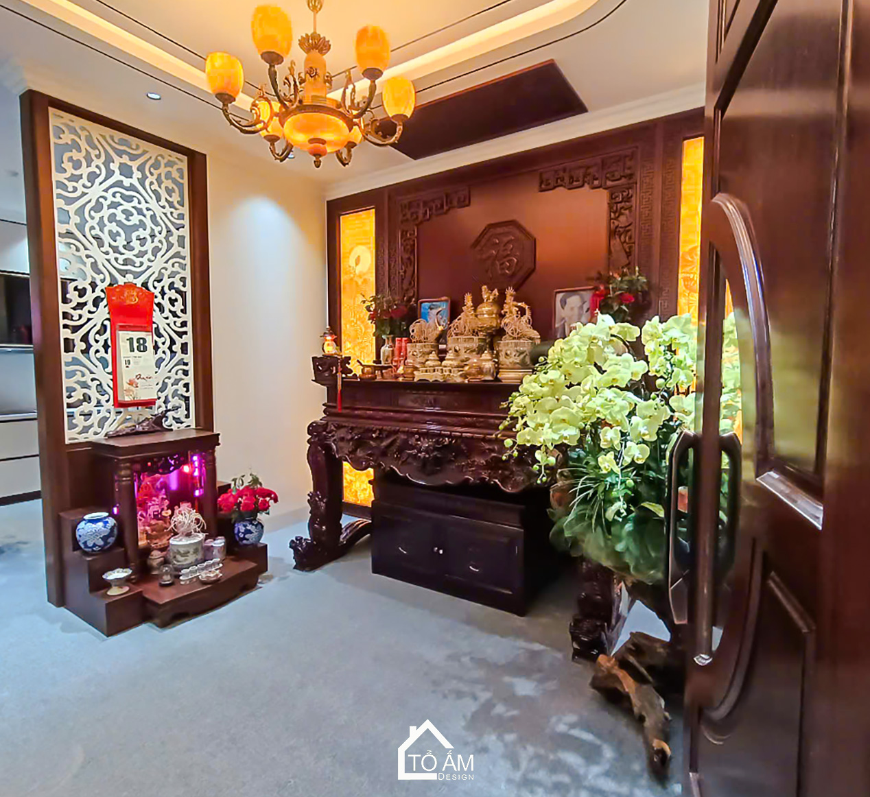 Phòng khách kết hợp không gian thờ: Trang nghiêm và ấm cúng - Hoàn Thiện Nội Thất Nhà Phố 3 Tầng tại Yên Nghĩa, Hà Đông - Tổ Ấm Design