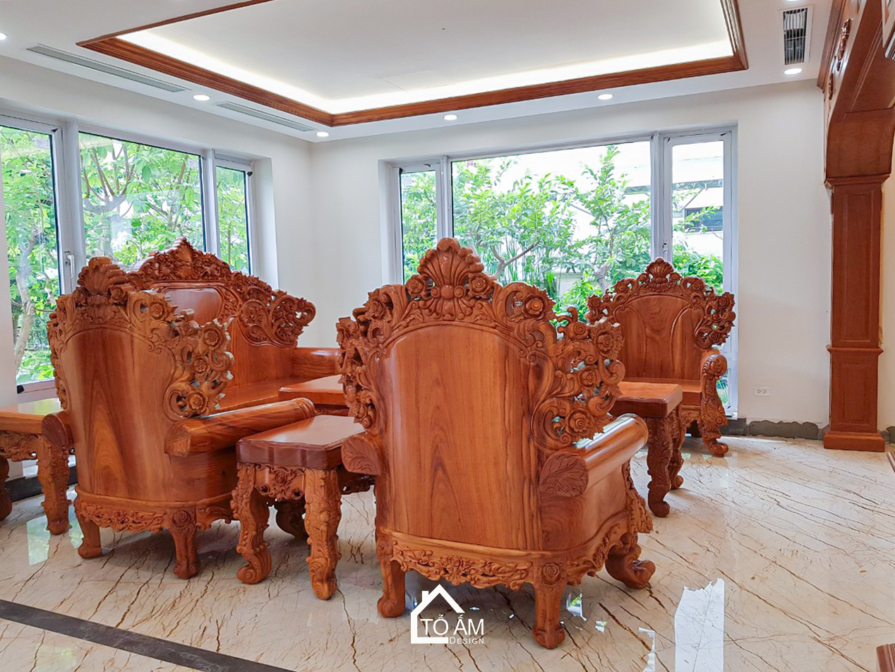 Phòng khách Gỗ gõ đỏ sang trọng phong cách Tân Cổ Điển - Biệt thự Gỗ gõ đỏ sang trọng – Tổ Ấm Design