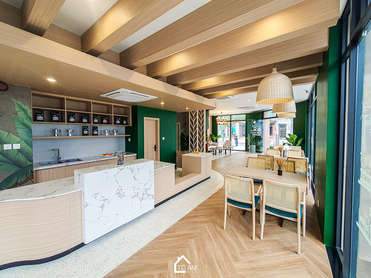 Tầng 1 & 2: Không gian dịch vụ: Quán cà phê – Hoàn thiện Công trình Nhà mẫu SHG9M tại Vinhomes Golden Avenue Móng Cái - Không gian nhà phố chữa lành - Tổ Ấm Design