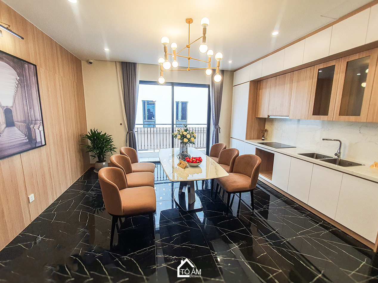 Tầng 2: Phòng khách & phòng bếp – Hoàn thiện Nhà mẫu Vinhomes Golden Avenue Móng Cái - Không gian nhà phố chữa lành - Tổ Ấm Design