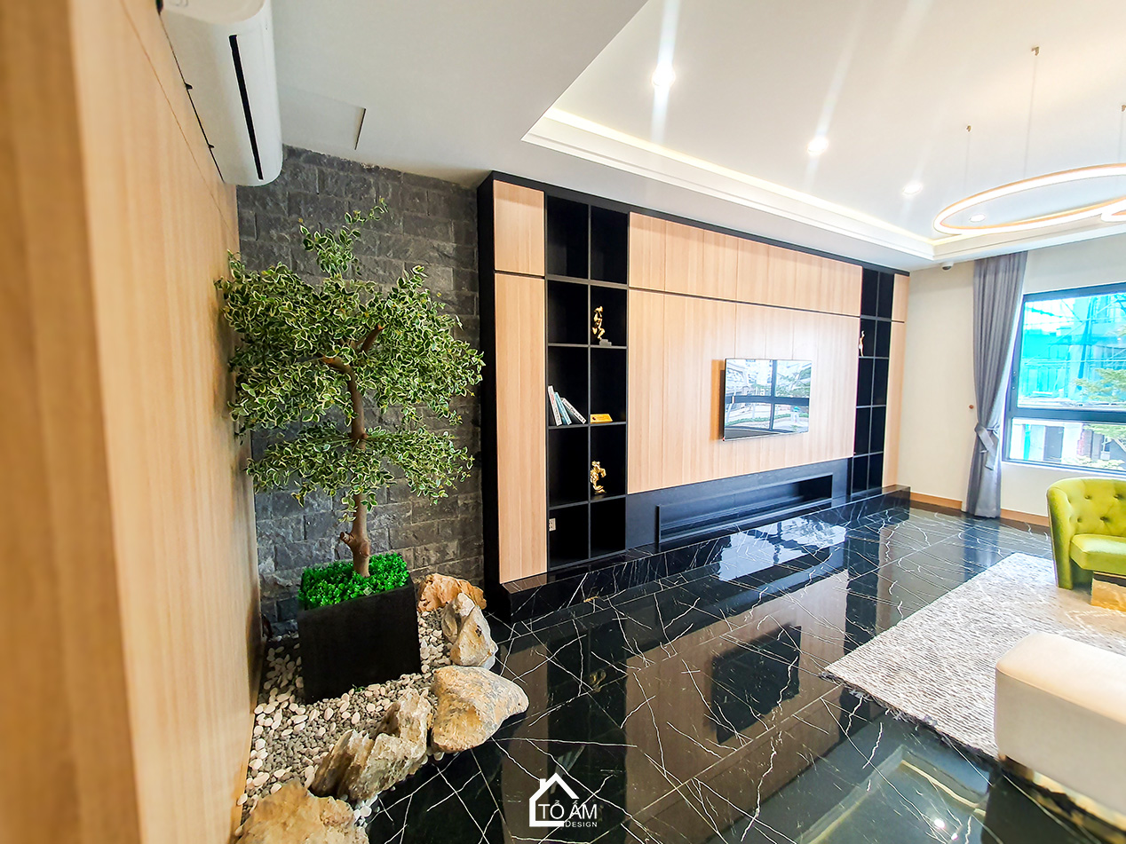 Tầng 2: Phòng khách & phòng bếp – Hoàn thiện Nhà mẫu Vinhomes Golden Avenue Móng Cái - Không gian nhà phố chữa lành - Tổ Ấm Design