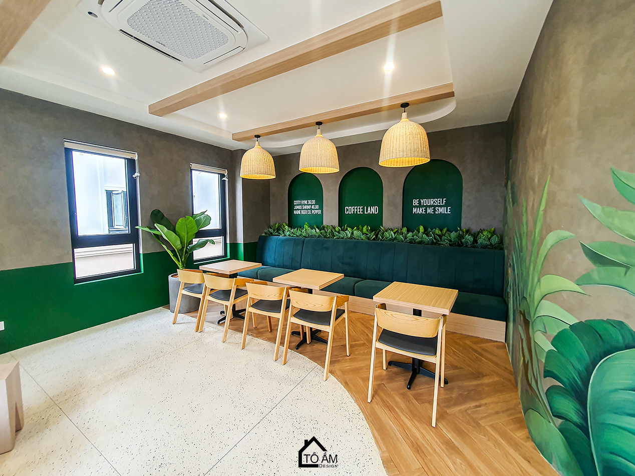 Tầng 1 & 2: Không gian dịch vụ: Quán cà phê – Hoàn thiện Công trình Nhà mẫu SHG9M tại Vinhomes Golden Avenue Móng Cái - Không gian nhà phố chữa lành - Tổ Ấm Design