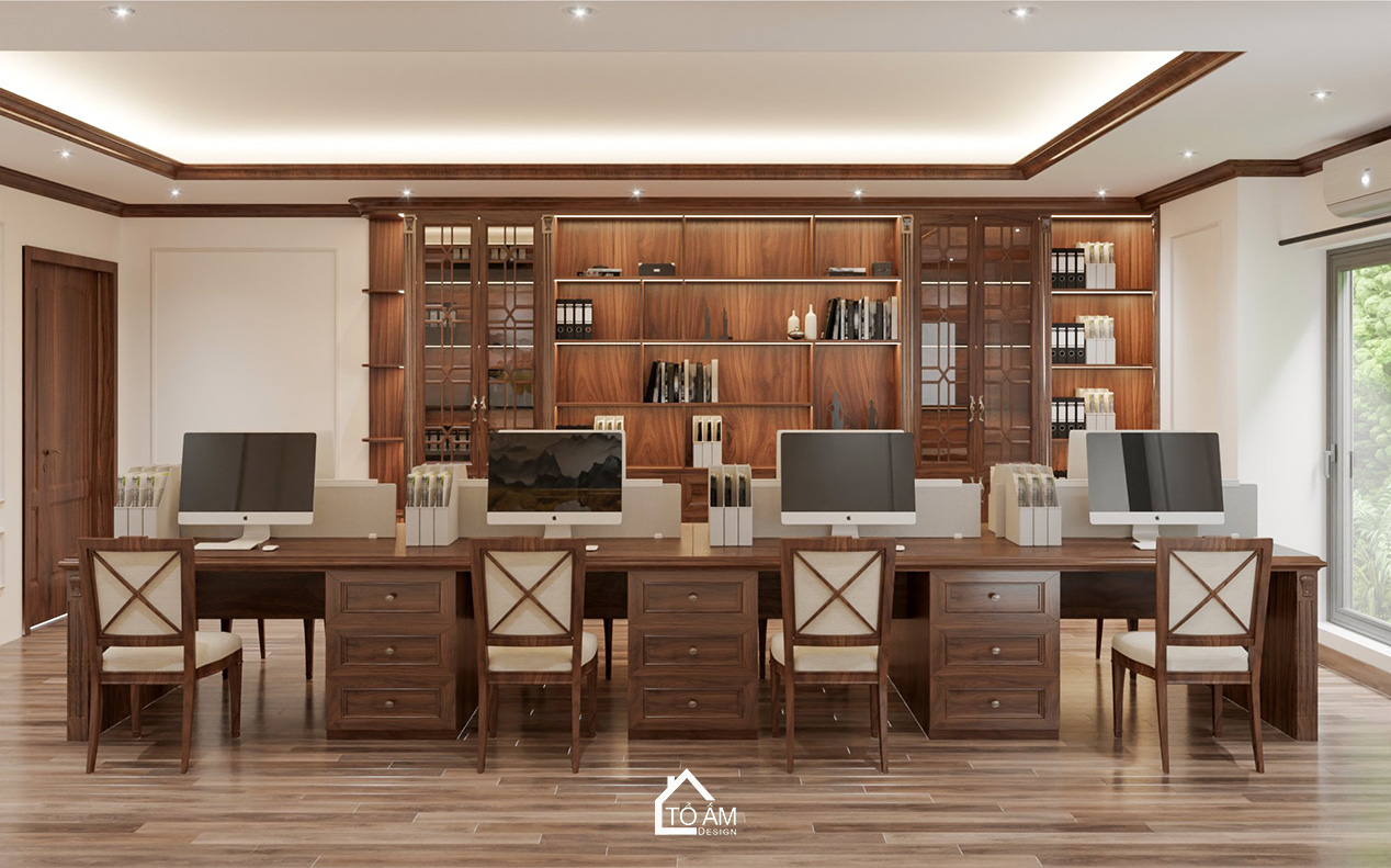 Phòng Làm việc chung phong cách Tân cổ điển sang trọng - 3D nội thất văn phòng công ty PTM – Tổ Ấm Design