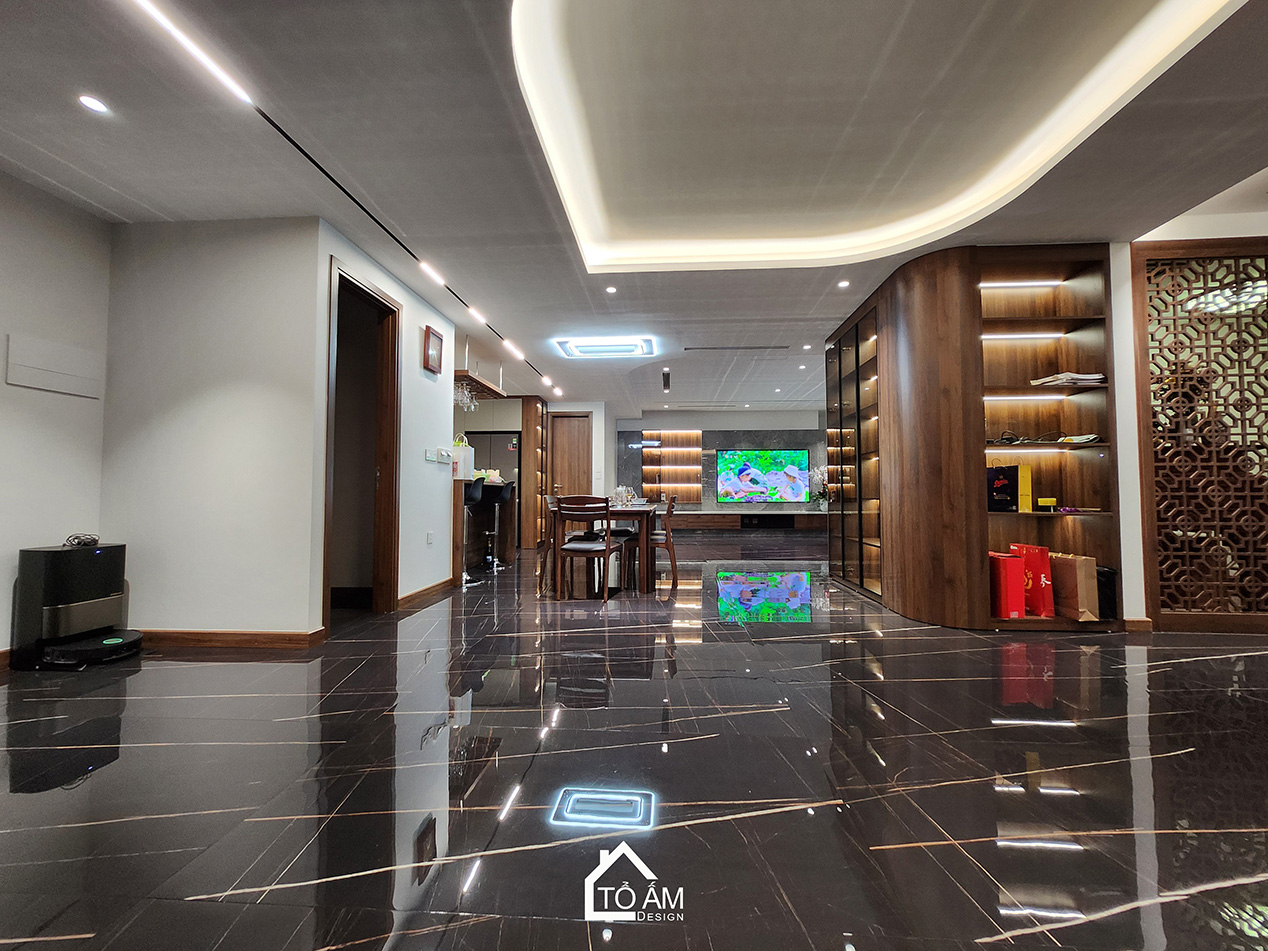 Phòng khách: Sự đối lập tinh tế tạo nên chiều sâu sang trọng - Hoàn thiện Chung cư 2 ngủ tại Tòa Ciputra, Tây Hồ - Tổ Ấm Design 