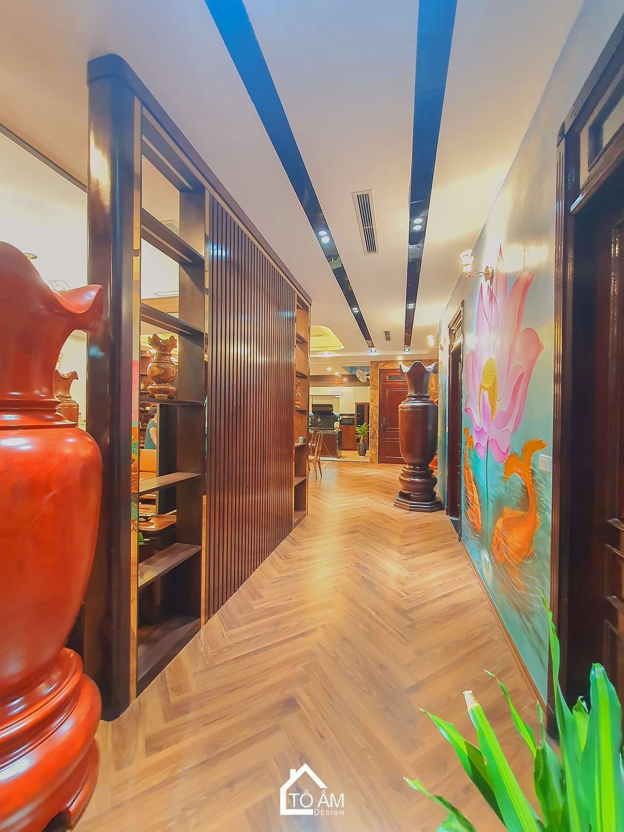 Phòng khách Penthouse Gỗ Tự Nhiên, Gỗ óc chó Sang Trọng - Hoàn thiện công trình Penthouse Gỗ Tự Nhiên chú Vui tại Hòa Lạc - Tổ Ấm Design