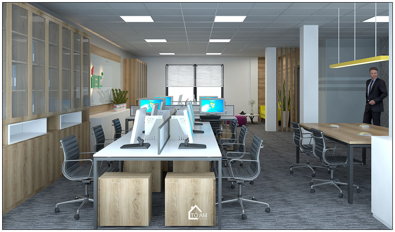3D phòng làm việc chung văn phòng công ty IEC phong cách hiện đại - 3D nội thất văn phòng công ty - Tổ Ấm Design