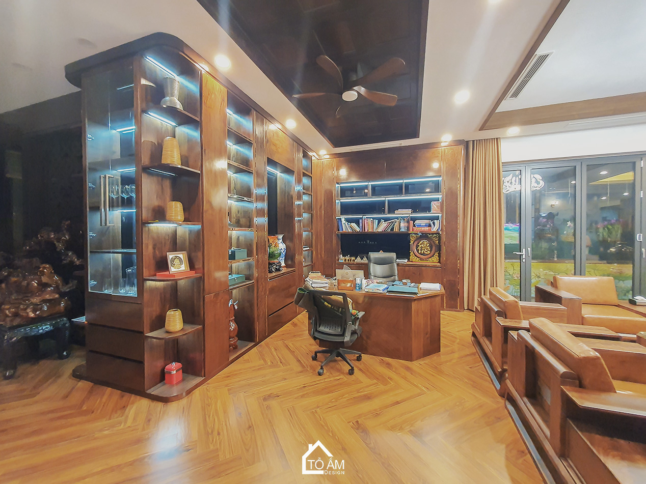 Không gian làm việc Penthouse Gỗ Tự Nhiên, Gỗ óc chó Sang Trọng - Hoàn thiện công trình Penthouse Gỗ Tự Nhiên chú Vui tại Hòa Lạc - Tổ Ấm Design