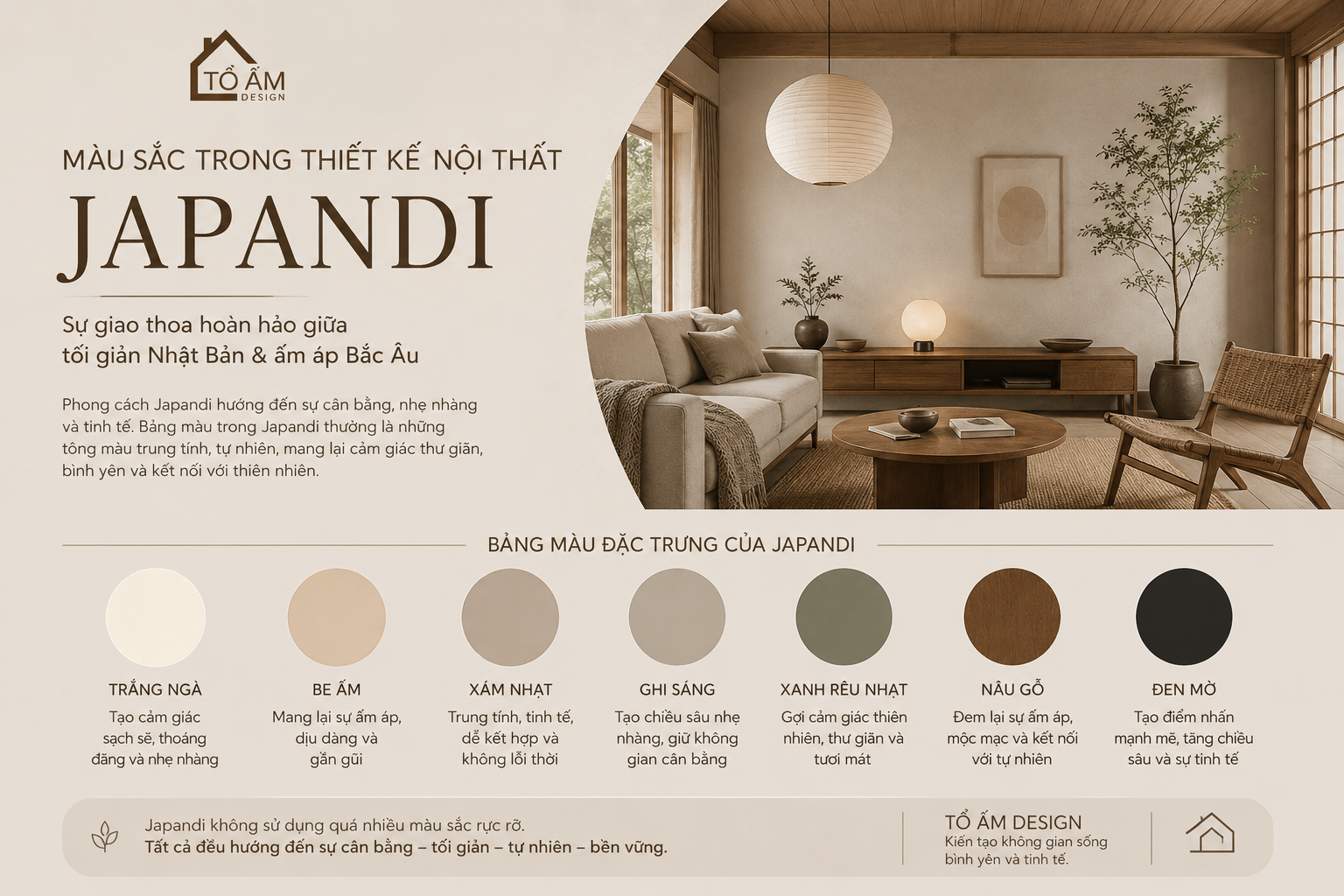 Màu sắc trong thiết kế nội thất Japandi: Cách phối màu đẹp